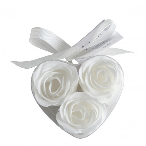 Heart Box of 3 White Soap Roses - Rose Fragrance