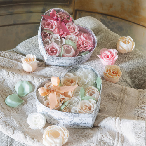 Heart Box Bouquet Soap Flower Garden in Nude and White - Rose Fragrance Heart Box Bouquet Soap Flower Garden in Nude and White - Rose Fragrance