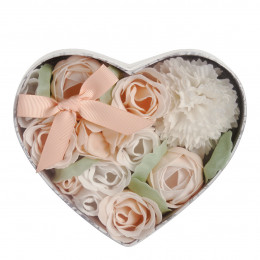 Caixa Coração Bouquet Canteiro de Flores de Sabonete nude e brancas - Perfume Rosa