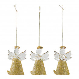Conjunto de 3 pequenos anjos de vidro com glitter dourado