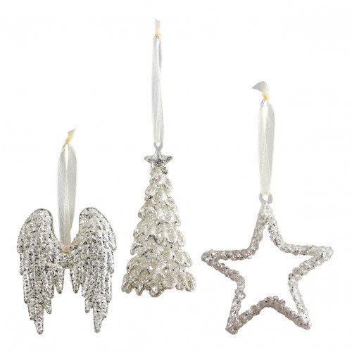 Set of 3 silver glittered decorations
