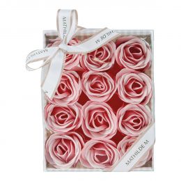 Coffret de 12 roses en feuilles de savon rose et blanches - Parfum Rose